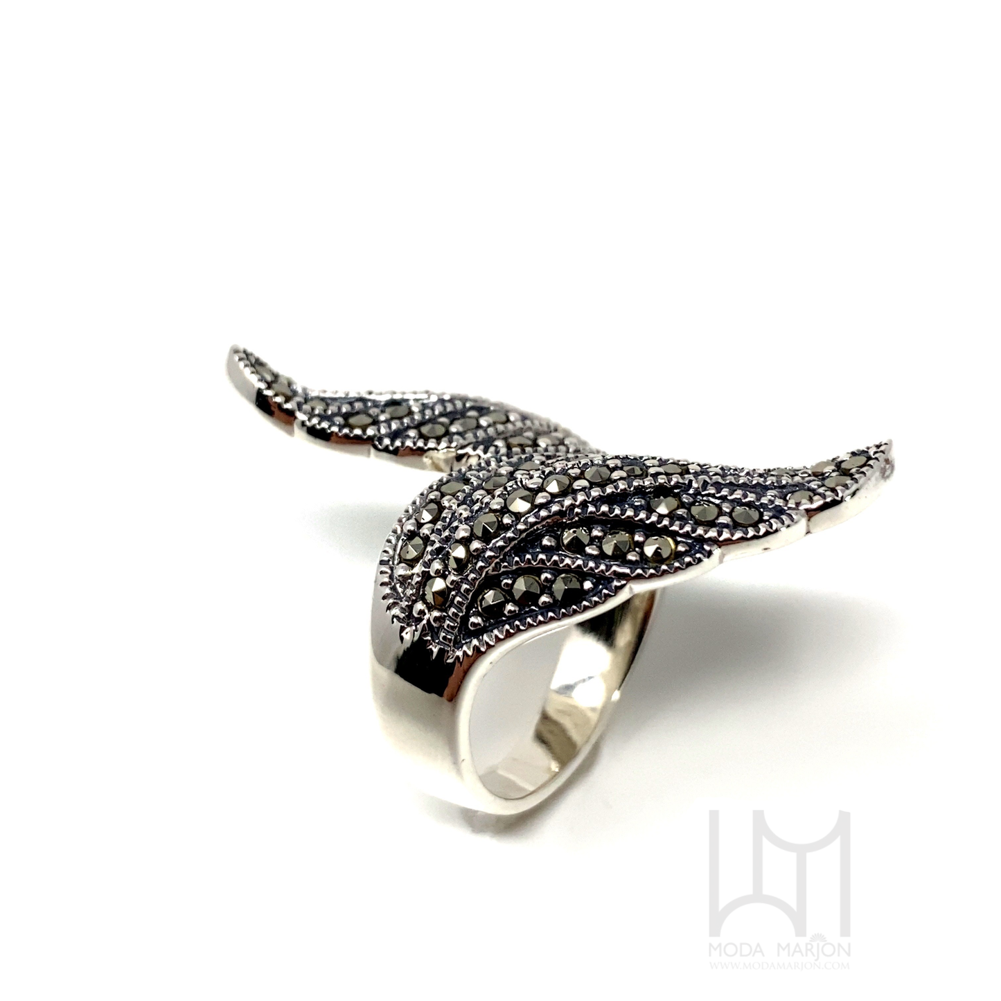 Marcasite Bypass Leaf Wrap Ring
