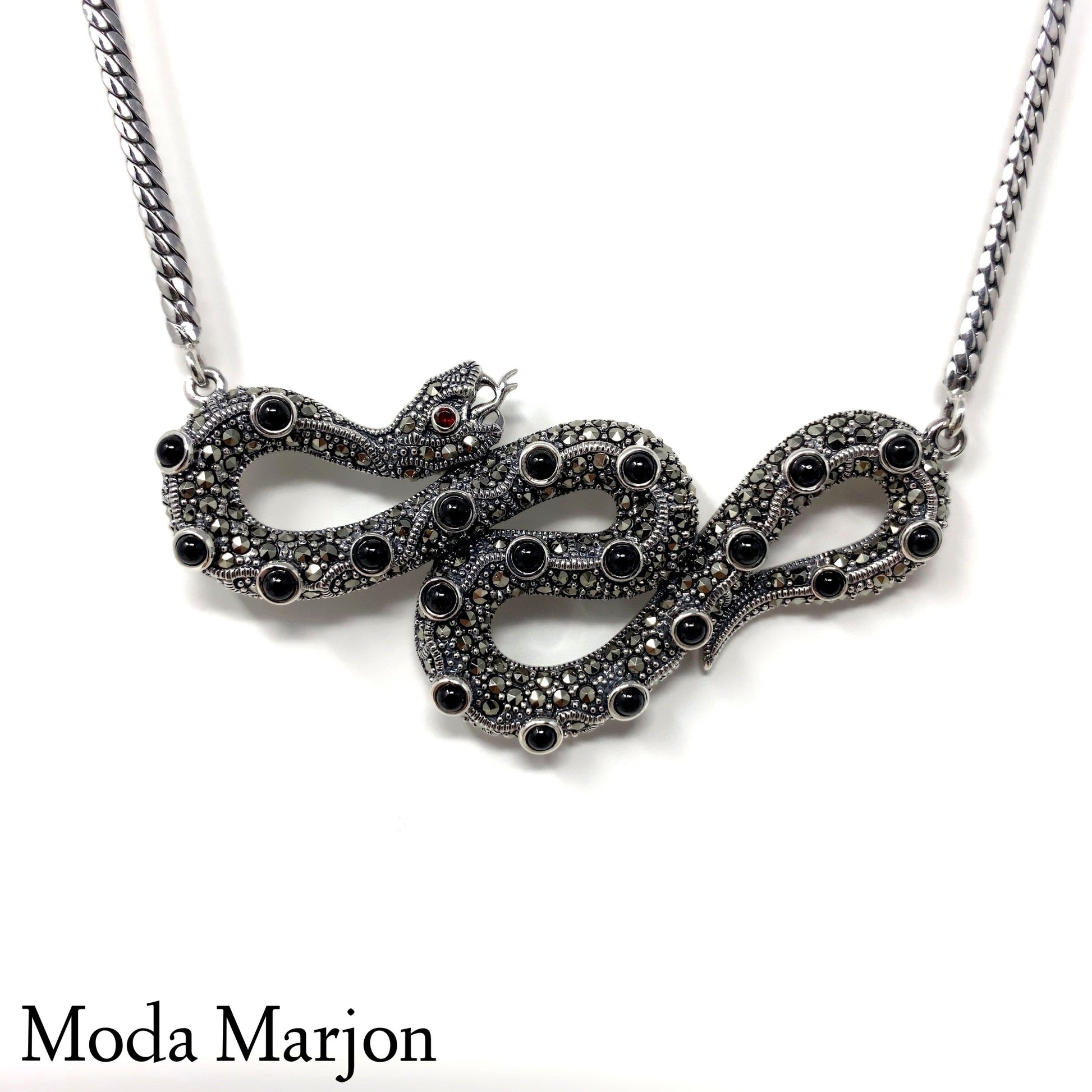 Marcasite Black- Onyx Snake Necklace - Moda Marjon 