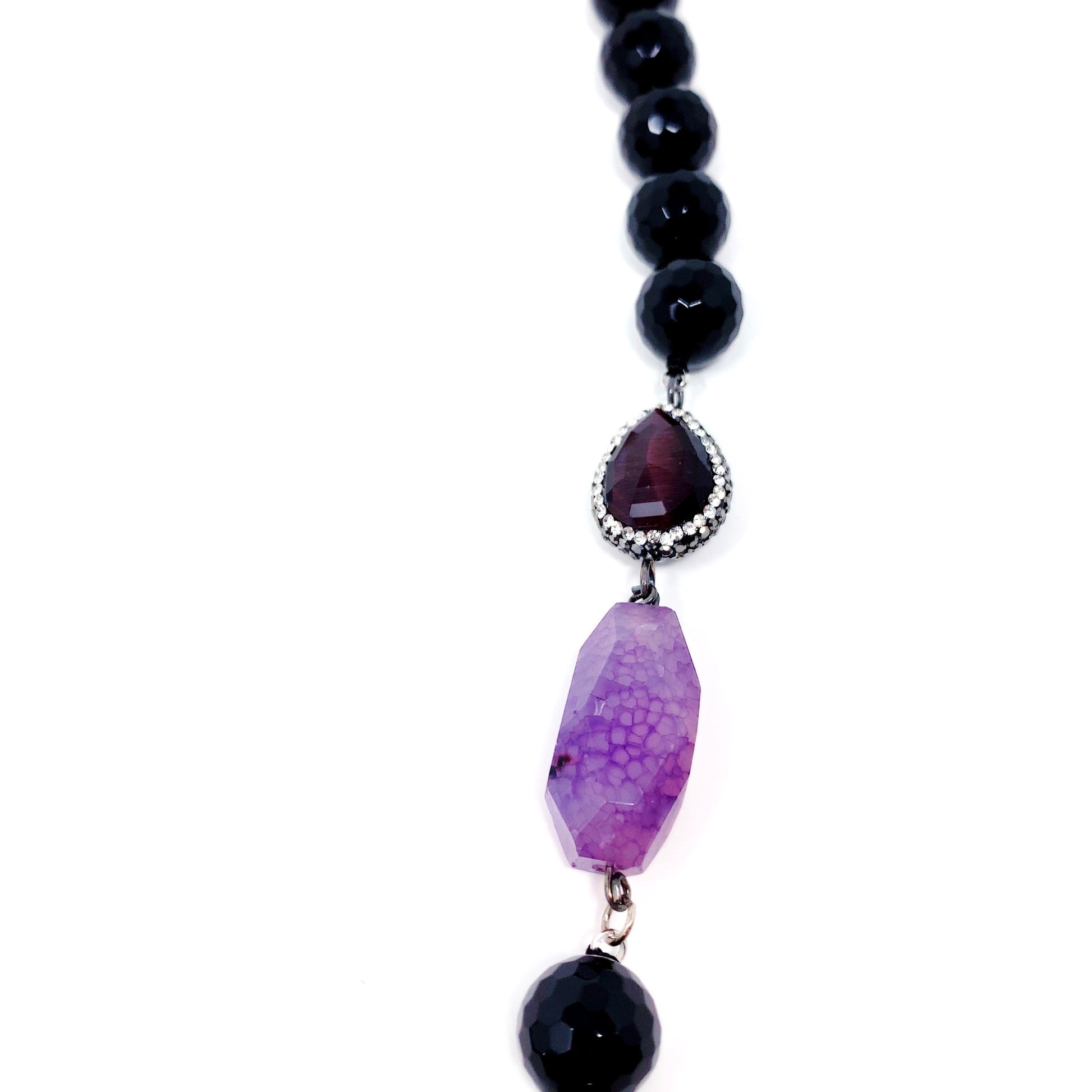 Amethyst / Black Onyx Necklace W/ Crystal Tassel - Moda Marjon 