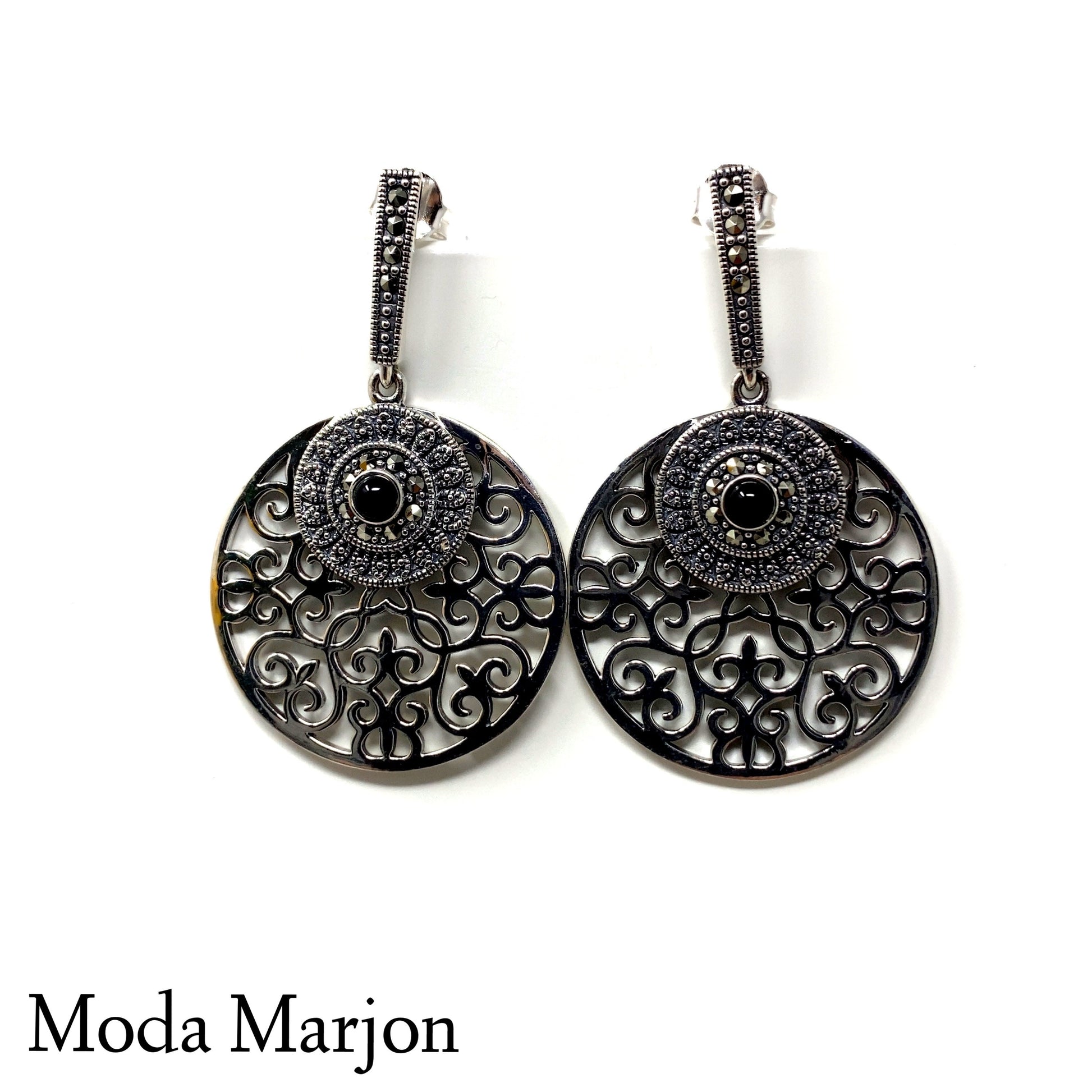 Moda Marjon black onyx and marcasite drop earrings - Moda Marjon 