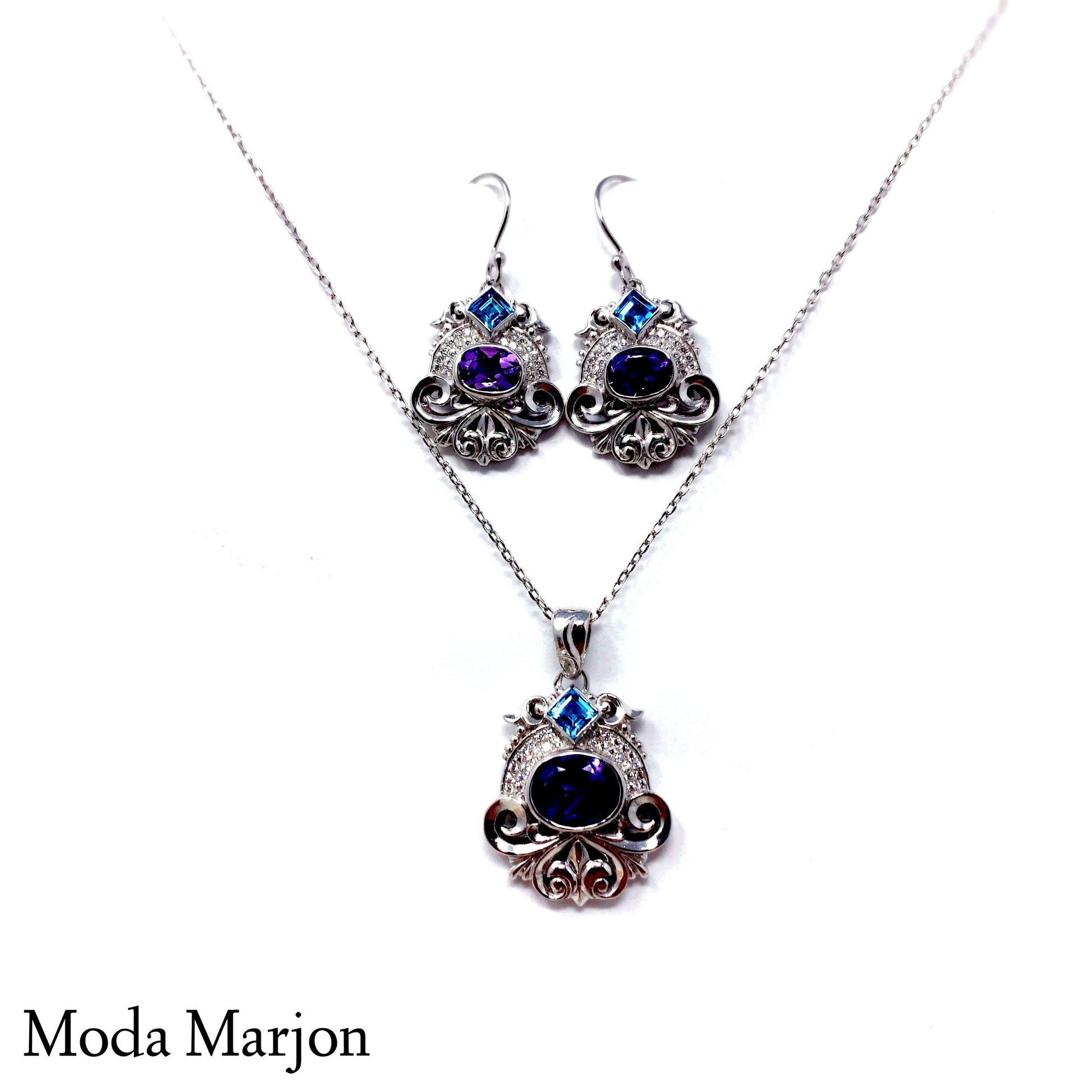 Moda Marjon Statement Pendant/Earring Set With Amethyst And Blue Topaz - Moda Marjon 