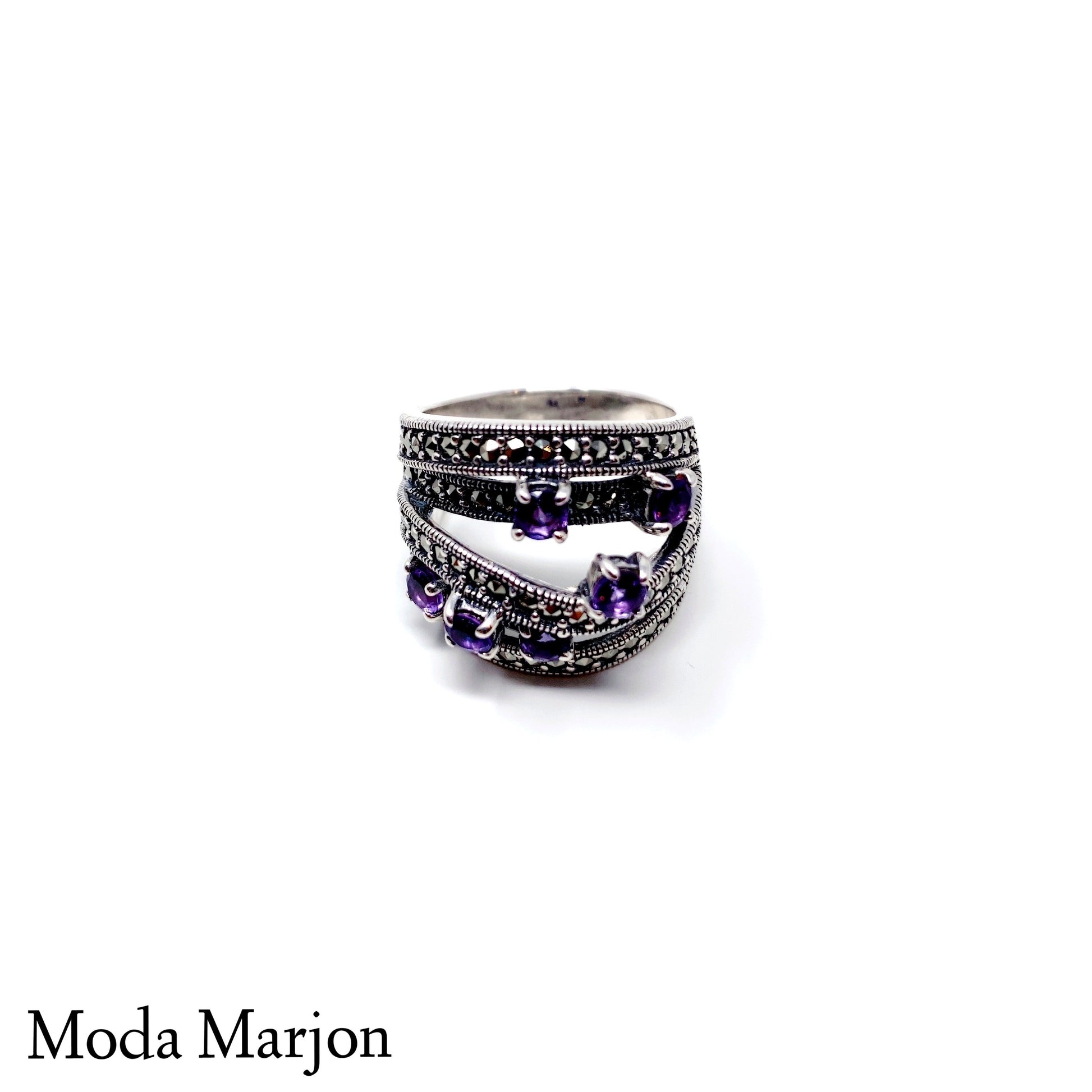 Marcasite Amethyst CrossOver Dome Ring - Moda Marjon 