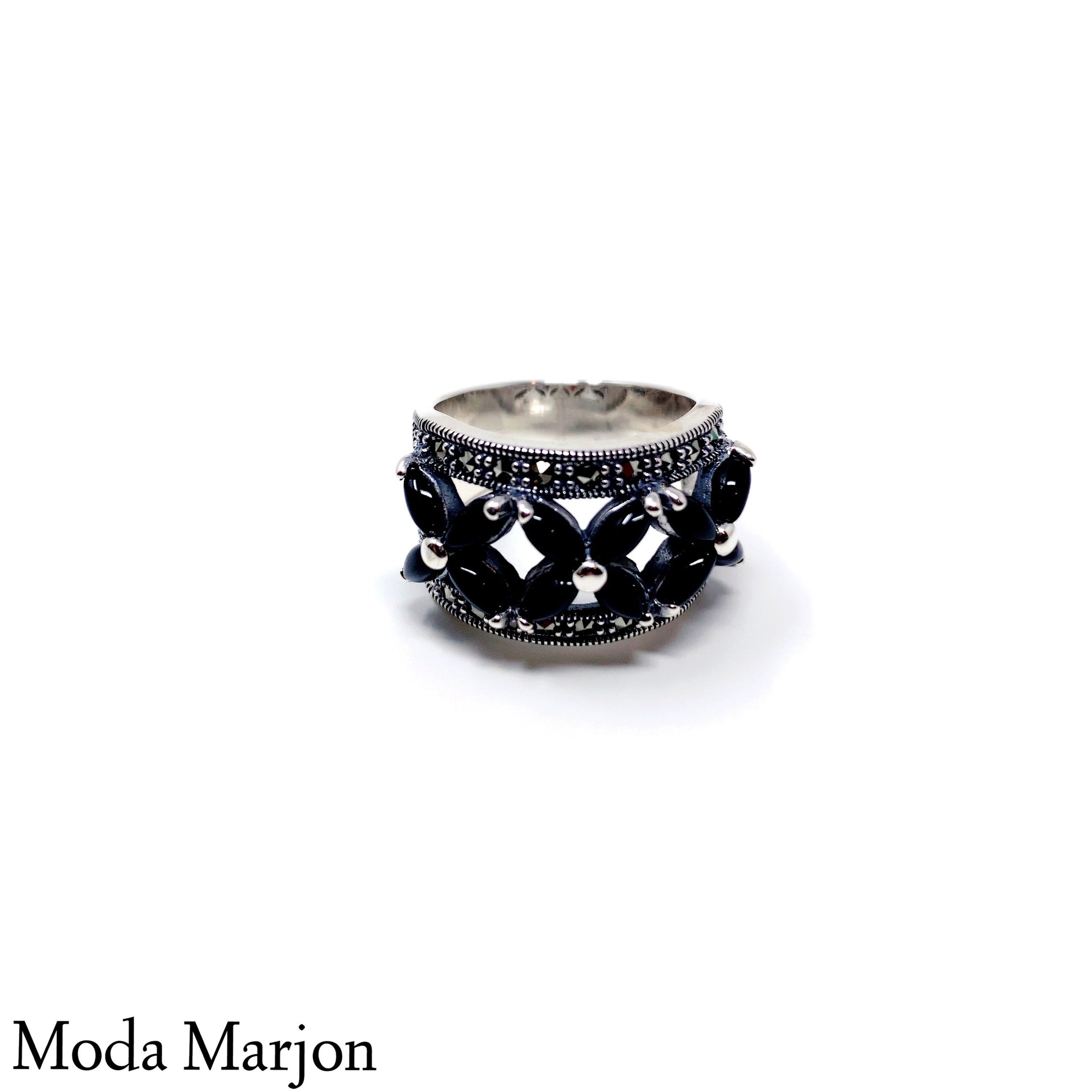 Marcasite Black Onyx Hugs And Kisses Band - Moda Marjon 