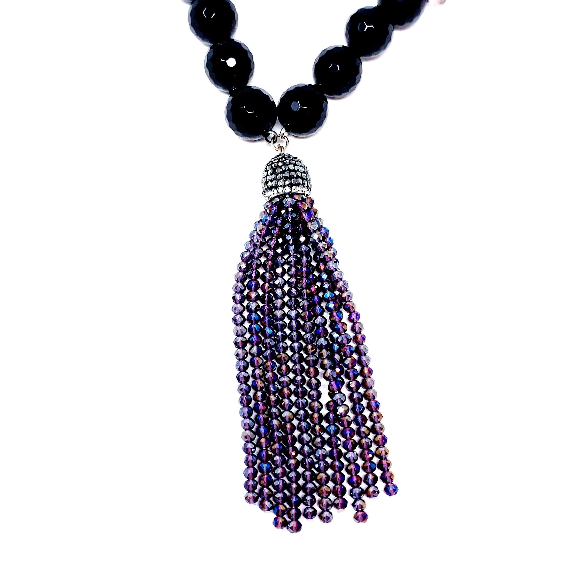 Amethyst / Black Onyx Necklace W/ Crystal Tassel - Moda Marjon 