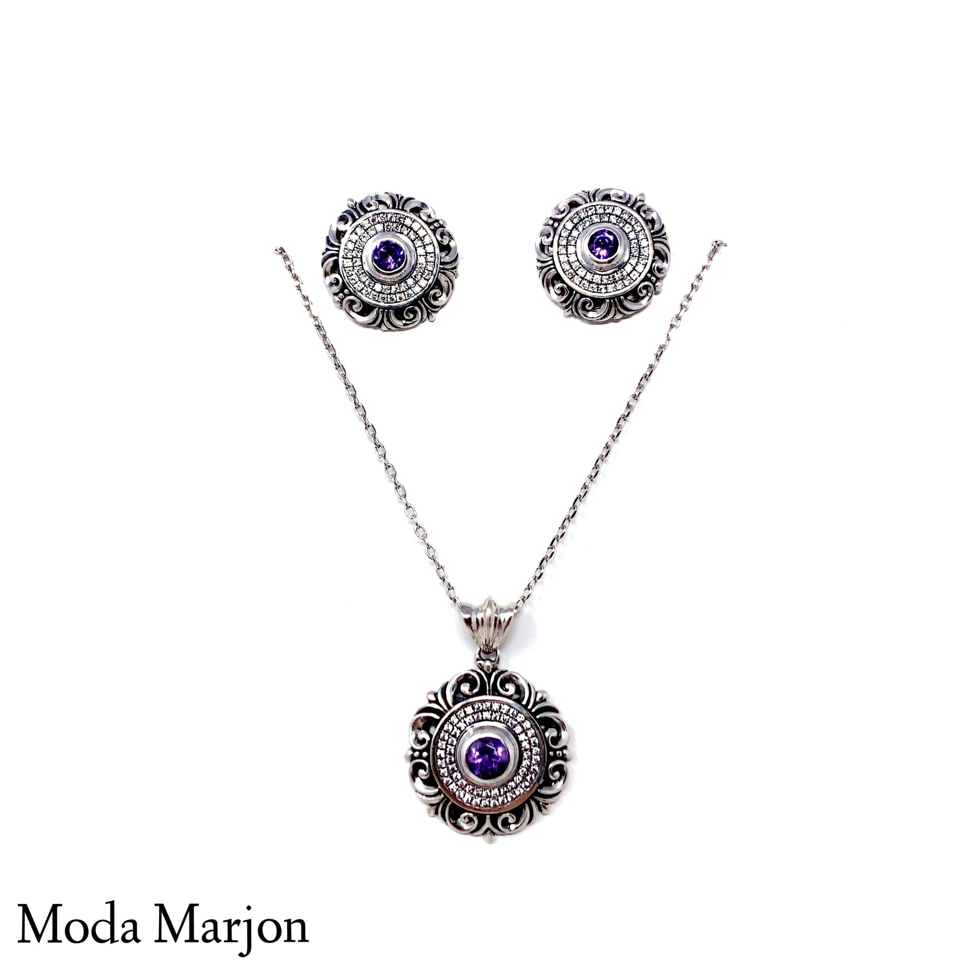 Pave Scroll Vintage Pendant and Earring Set - Moda Marjon 