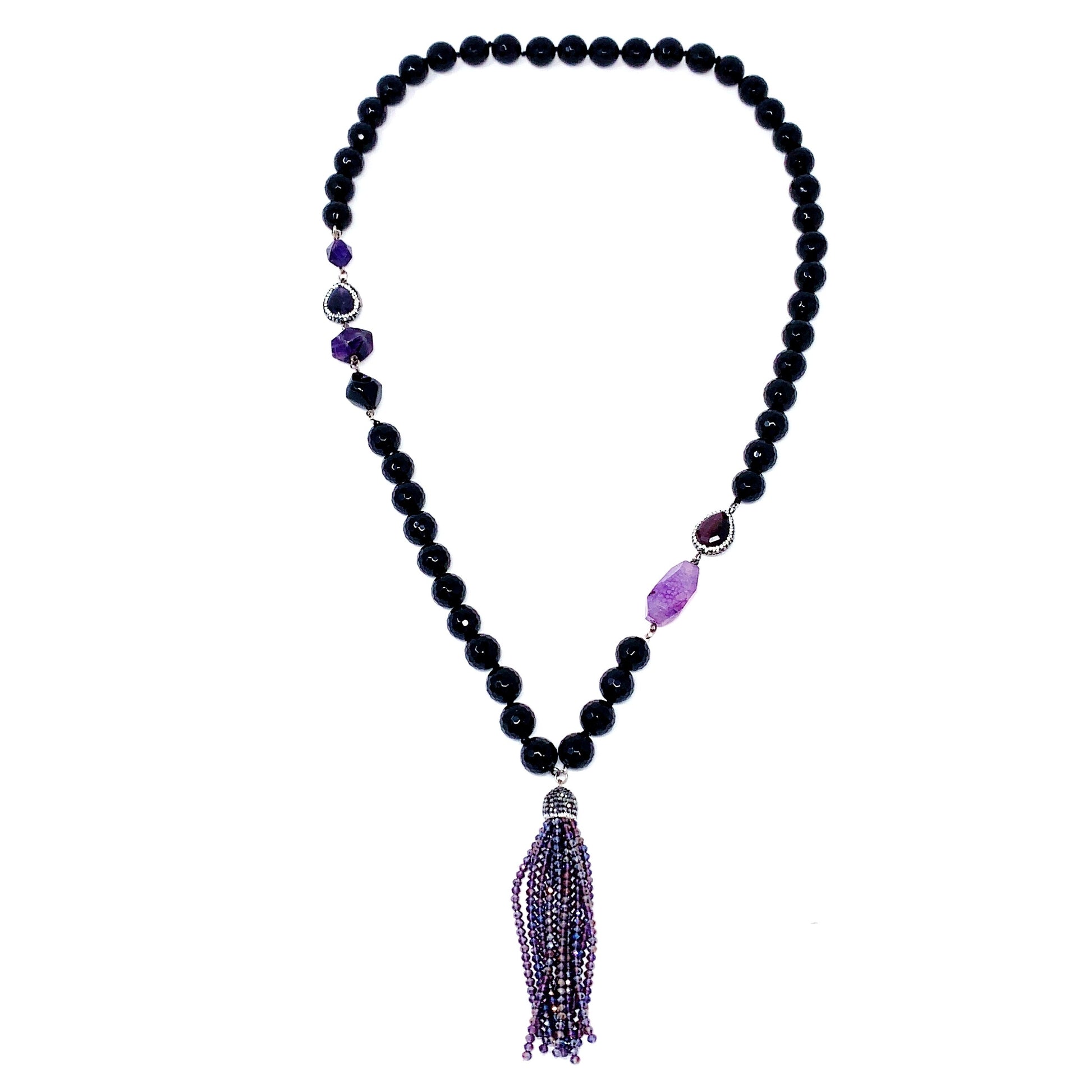 Amethyst / Black Onyx Necklace W/ Crystal Tassel - Moda Marjon 