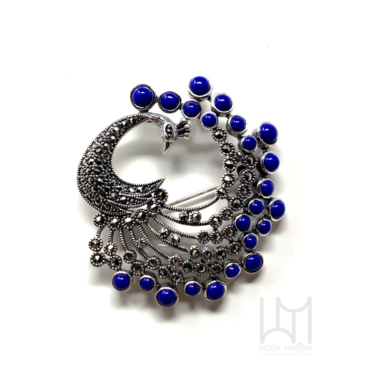 Vintage-Inspired Marcasite Lapis Peacock