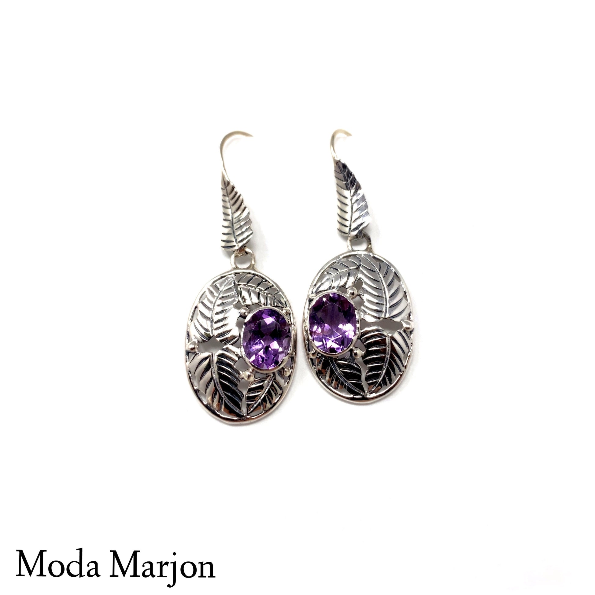 Amethyst Filigree Leaf Drop Earrings - Moda Marjon 