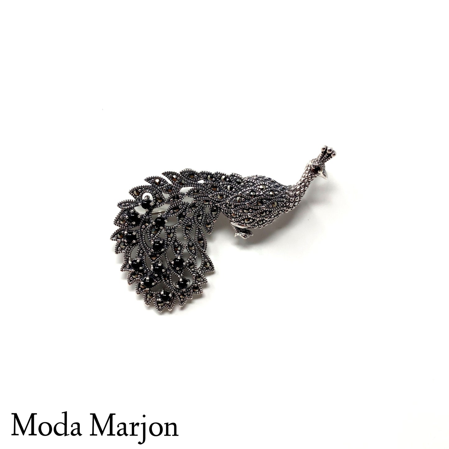 Black Onyx Marcasite Peacock Pin/Pendant - Moda Marjon 